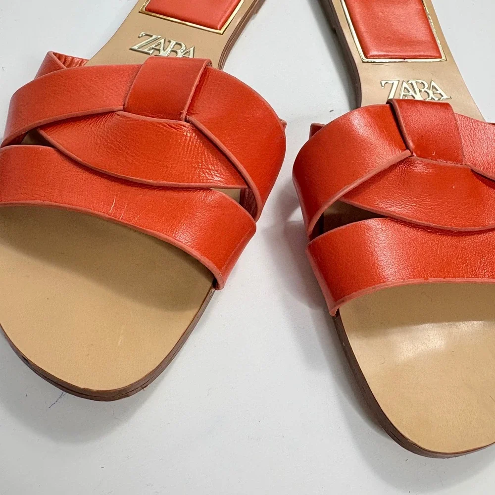 Zara Women Orange Red Interwoven Leather Flat Slide Sandals Square Toe Size 38